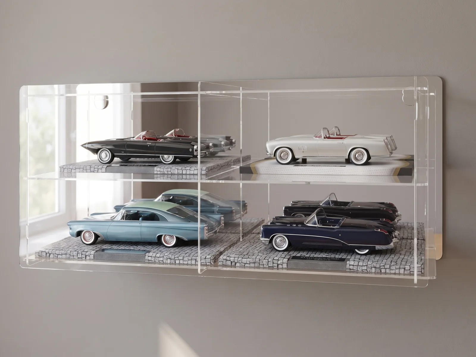 Display cabinet with 2 columns and 2 rows for classic car models on diorama plinths