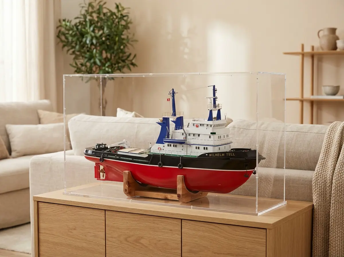 Clear Sora made-to-measure display case over the model tug Wilhelm Tell with a red hull and blue superstructure on a wooden plinth