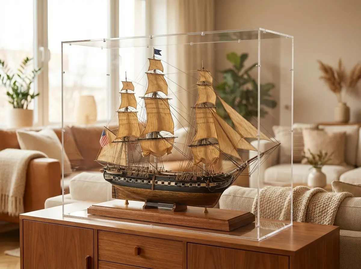 Model sailing ship under a clear Sora made-to-measure display case