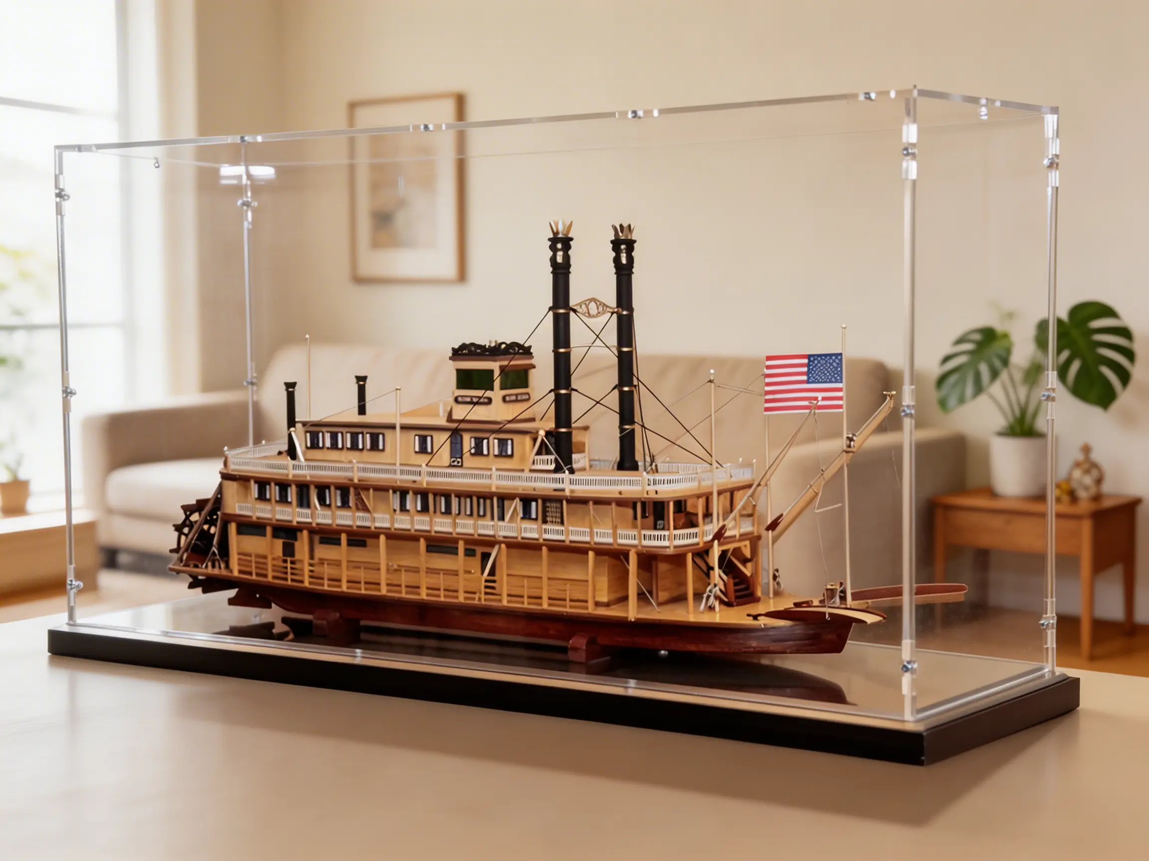Oversize made-to-measure display case over a Mississippi paddle steamer model